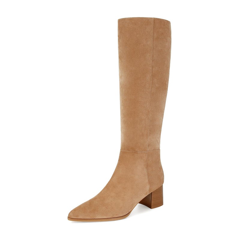 MICIFA Brown Suede Knee High Boots for Women Pointed Toe Chunky Heel Tall Boots Side Zipper Long Boots Comfortable Casual - Image 1