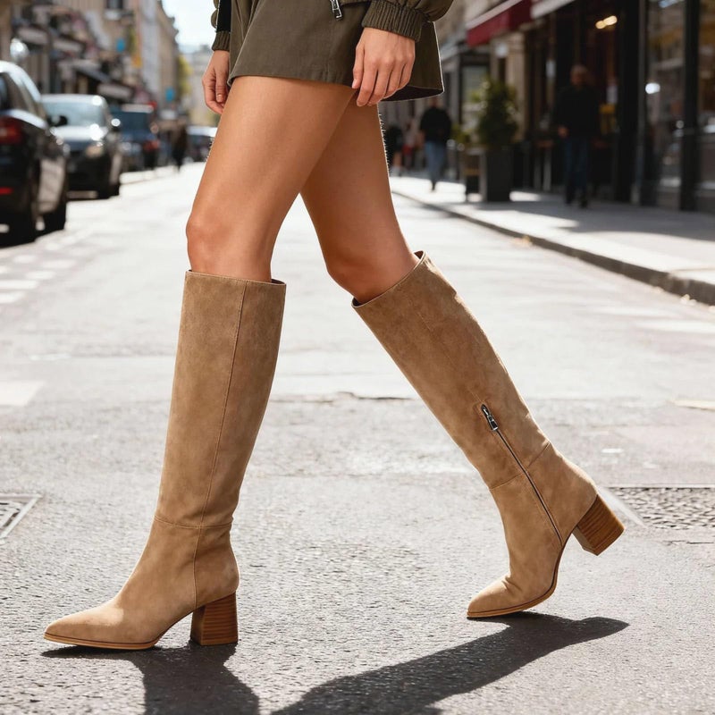 MICIFA Brown Suede Knee High Boots for Women Pointed Toe Chunky Heel Tall Boots Side Zipper Long Boots Comfortable Casual - Image 2