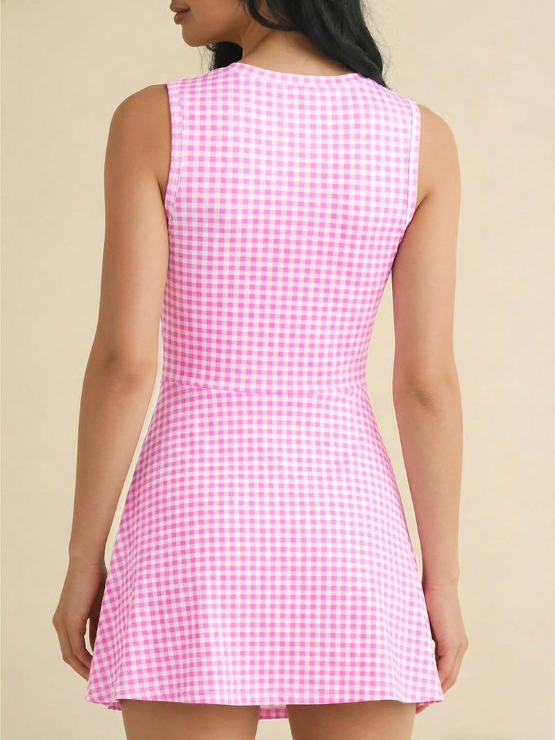 Wenrine Womens Summer Backless Mini Dress Gingham Wrap Tie Waist Romper Skort Built in Shorts Vacation Tank Sundress Pink - Image 3