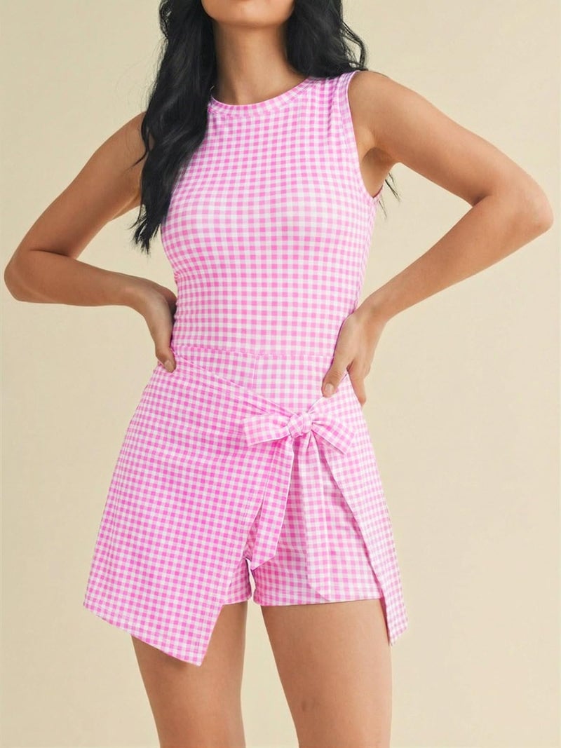 Wenrine Womens Summer Backless Mini Dress Gingham Wrap Tie Waist Romper Skort Built in Shorts Vacation Tank Sundress Pink - Image 2