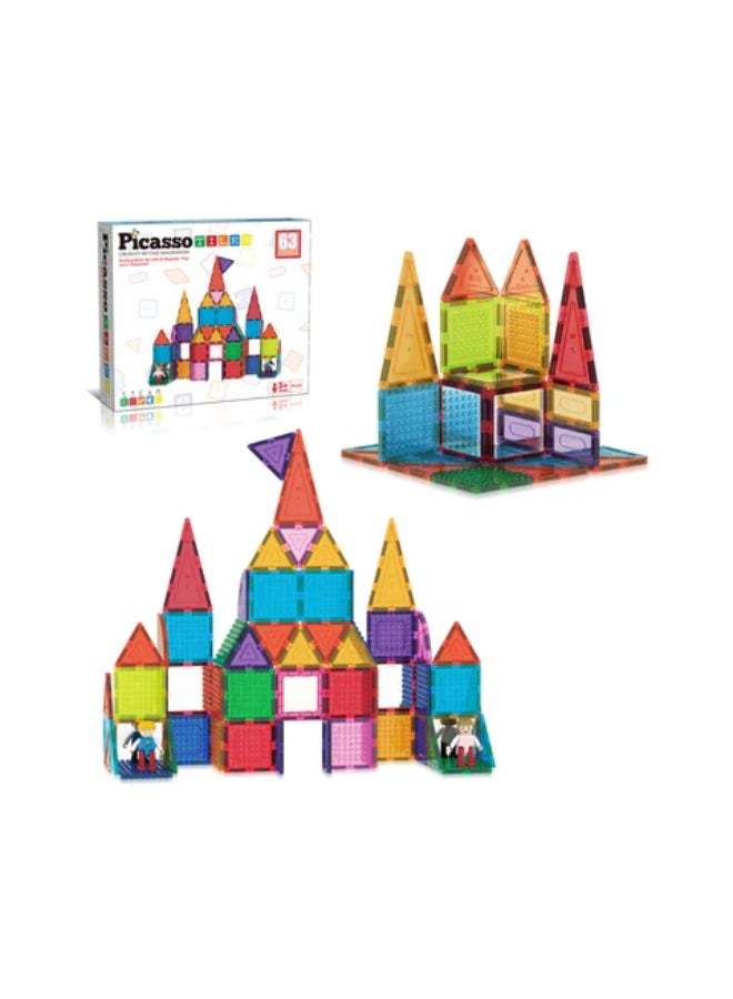 PicassoTiles Magnetic Bricks + Tiles 63-Pieces | Magnetic Tiles | STEM Toys | Educational Toy Set | Stacking Blocks | Enhance Problem-solving Skills & Fine Motor Skills | Improves Coordination & Creativity | Gift for Kids and Toddlers | Construction Building Set for Child Brain Development - Image 1
