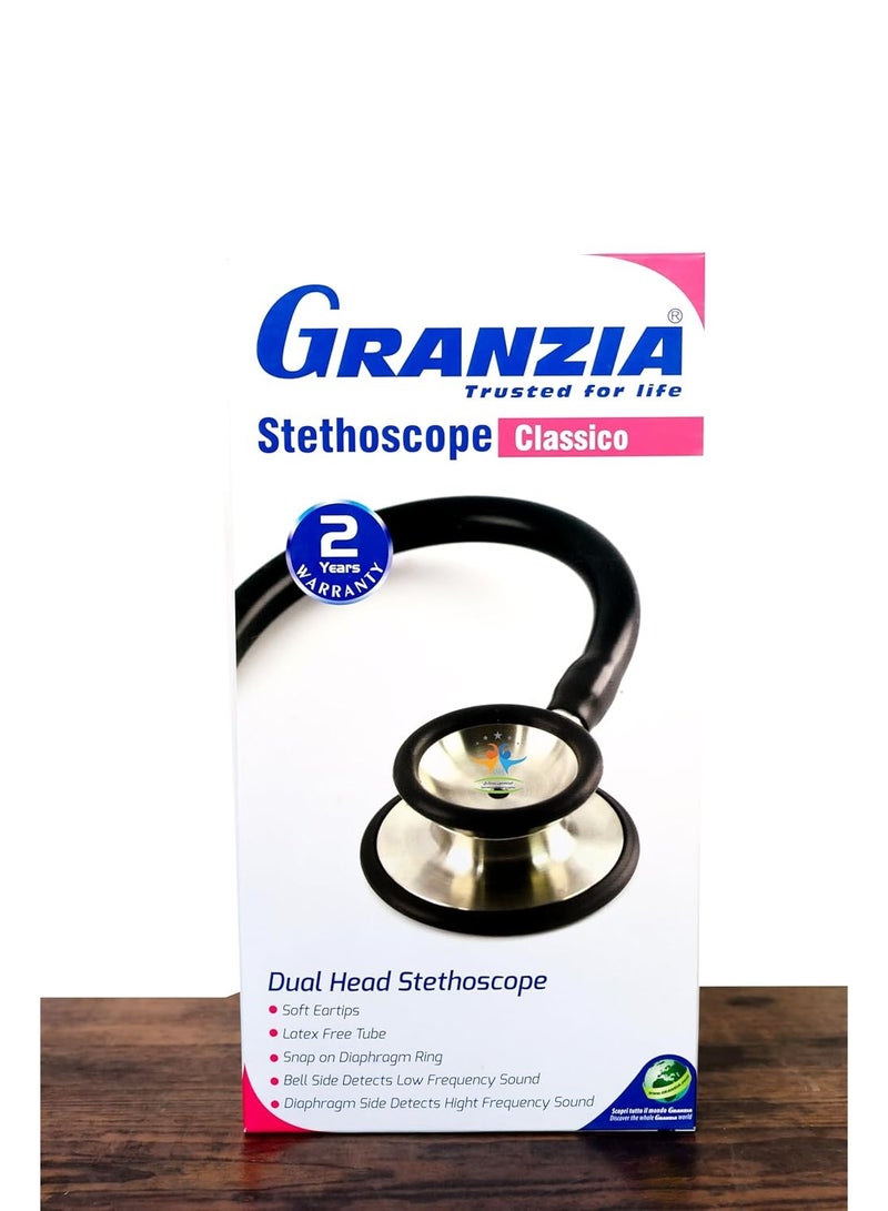 Granzia Classic Dual-Head Stethoscope – Clear Sound, Lightweight, Soft Earpieces, Latex-Free Tube – Black - Image 2