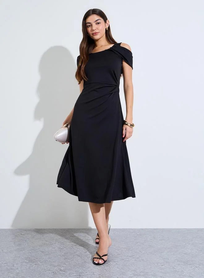 Styli black Black Cold Shoulder Sleeves A-Line Midi Dress for Women | Best Price UAE
