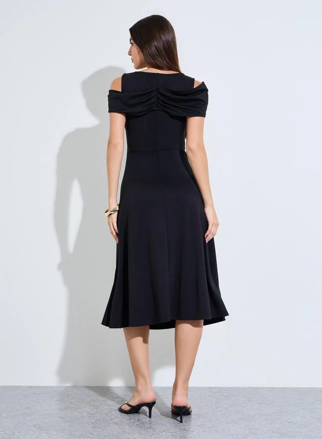 Styli black Black Cold Shoulder Sleeves A-Line Midi Dress for Women | Best Price UAE