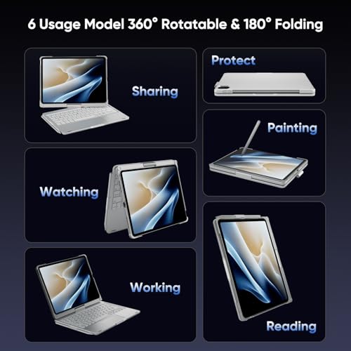 doqo Keyboard case for iPad Air 11 inch(M4/M3/M2),iPad Pro 11(4th,3rd,2nd,1st Gen),iPad Air 5/4th Case with Keyboard 360° Rotatable with Trackpad 7 Color Backlight Pencil Holder (Silver) - Image 4