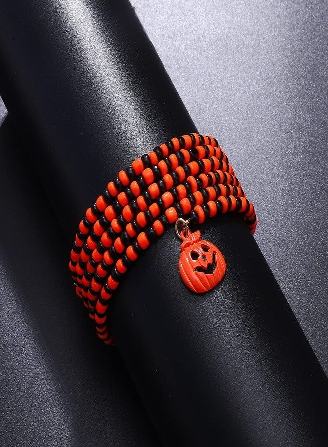 PHALIN Halloween Bracelets Gothic TRICK OR TREAT Beaded Stretch Bracelets for Women Pumpkin Skull Charm Bracelet Costume Party Jewelry Gifts (Pumpkin) - Image 2