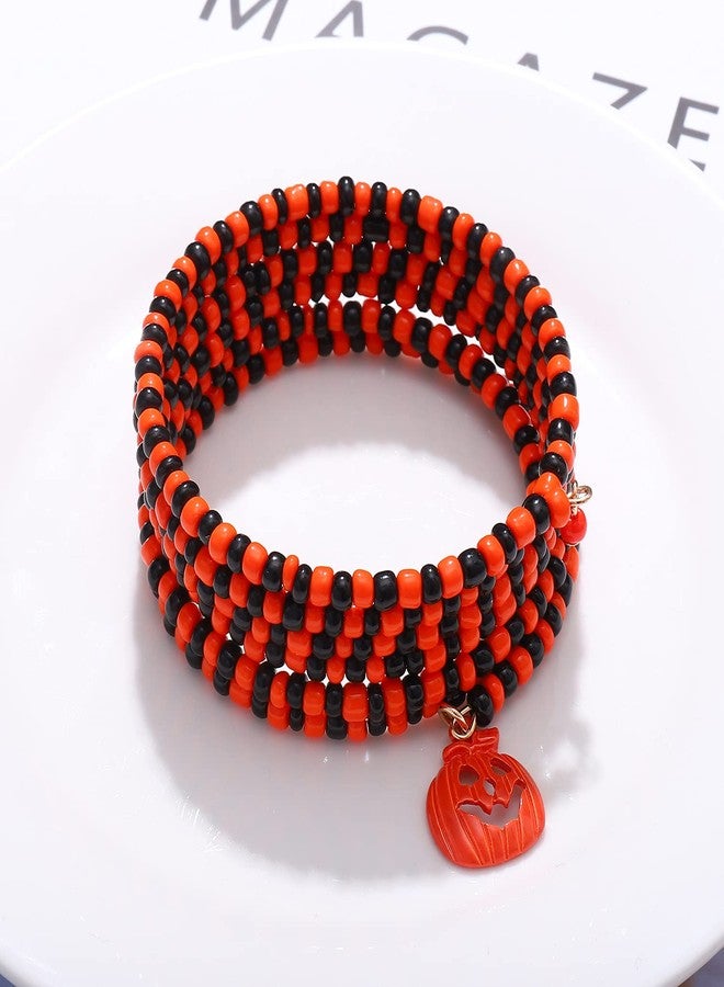 PHALIN Halloween Bracelets Gothic TRICK OR TREAT Beaded Stretch Bracelets for Women Pumpkin Skull Charm Bracelet Costume Party Jewelry Gifts (Pumpkin) - Image 3