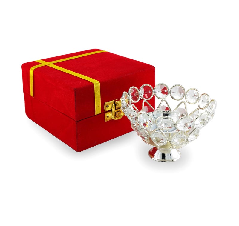 BENGALEN Crystal Diya with Red Velvet Gift Box Home Decoration Chrystal Piyali Dia Pooja Items Puja Gifts Handmade Oil Lamp Traditional Indian Dhanteras Deepawali Diwali Gift Items - Image 4