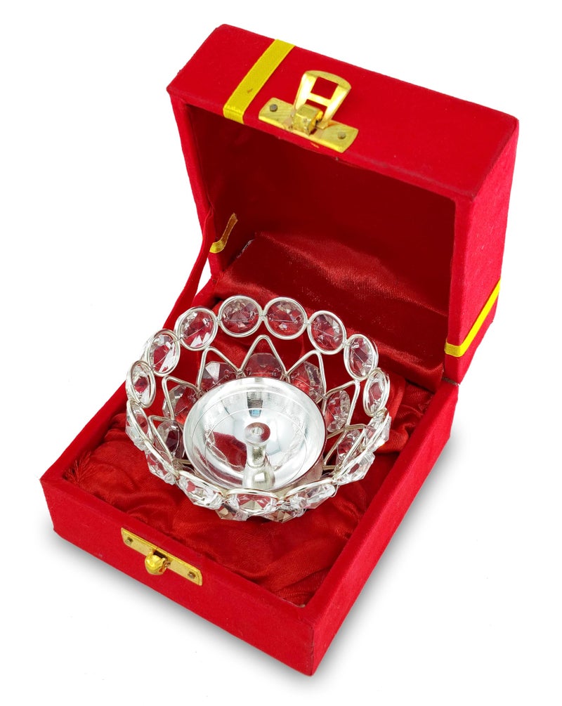 BENGALEN Crystal Diya with Red Velvet Gift Box Home Decoration Chrystal Piyali Dia Pooja Items Puja Gifts Handmade Oil Lamp Traditional Indian Dhanteras Deepawali Diwali Gift Items - Image 1