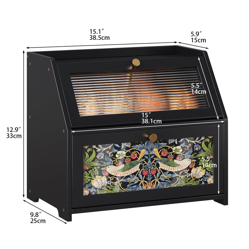 Trironsun Bread Box for Kitchen Counter Black Bread Storage Container with Acrylic Door William Morris Flower Bird Design Farmhouse Breadbox Organizer (Black) - Image 5