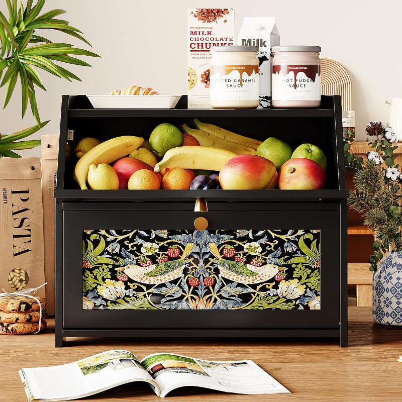 Trironsun Bread Box for Kitchen Counter Black Bread Storage Container with Acrylic Door William Morris Flower Bird Design Farmhouse Breadbox Organizer (Black) - Image 2