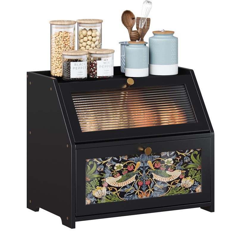 Trironsun Bread Box for Kitchen Counter Black Bread Storage Container with Acrylic Door William Morris Flower Bird Design Farmhouse Breadbox Organizer (Black) - Image 1