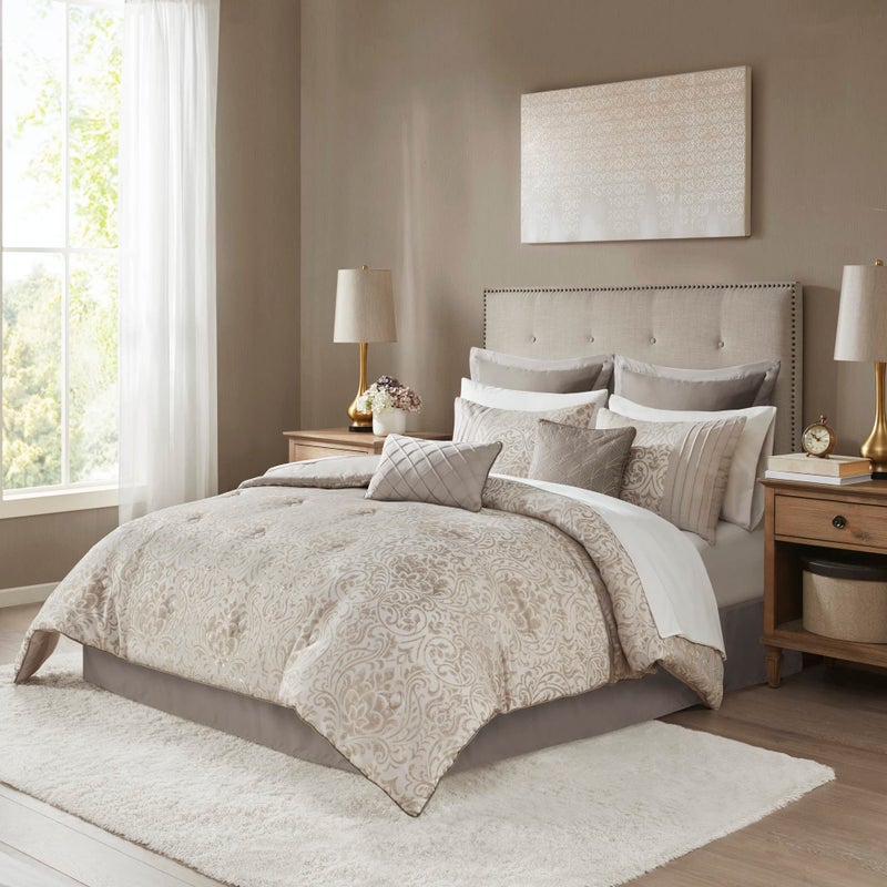 madison park Madison Park Emilia Bed in a Bag Comforter Set with Sheets Gold Metallic Jacquard Damask Design Traditional All Season Bedding Includes Bedskirt Shams Toss Pillows Cal King KhakiGold 12 Piece 