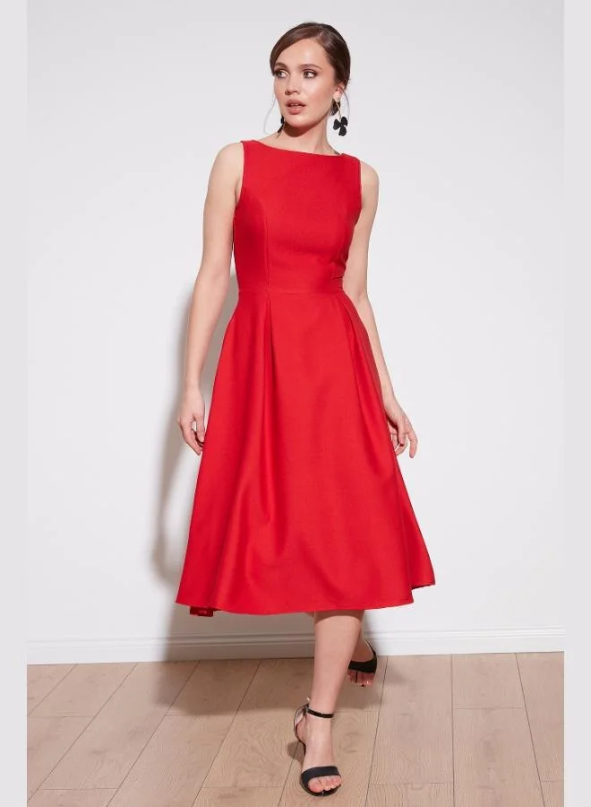 Lela Lela Regular Fit Crew Neck Pocketed Pleated Midi Length Evening Dress Women's Dress 6111963