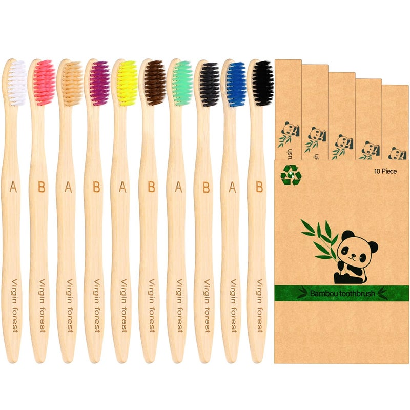Virgin Forest 10 Count Bamboo Toothbrush, Soft Bristle for Adults, Eco Friendly Natural Wooden Toothbrushes, Vegan Organic Bamboo Travel Tooth Brush (10 Colors) - Image 1