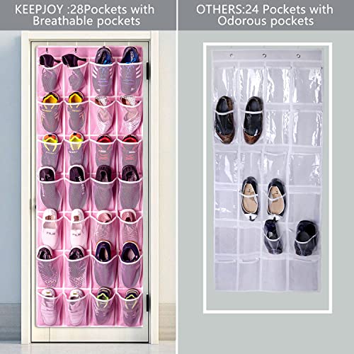 KEEPJOY 28 Pocket Over The Door Shoe Organizer, 2Pack Hanging Shoe Organizer for Door, Hanging Door Shoe Holder Rack with Mesh Pockets Large Size 65 x 23 inch (Pink-2Pack) - Image 3