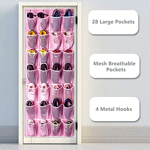 KEEPJOY 28 Pocket Over The Door Shoe Organizer, 2Pack Hanging Shoe Organizer for Door, Hanging Door Shoe Holder Rack with Mesh Pockets Large Size 65 x 23 inch (Pink-2Pack) - Image 5
