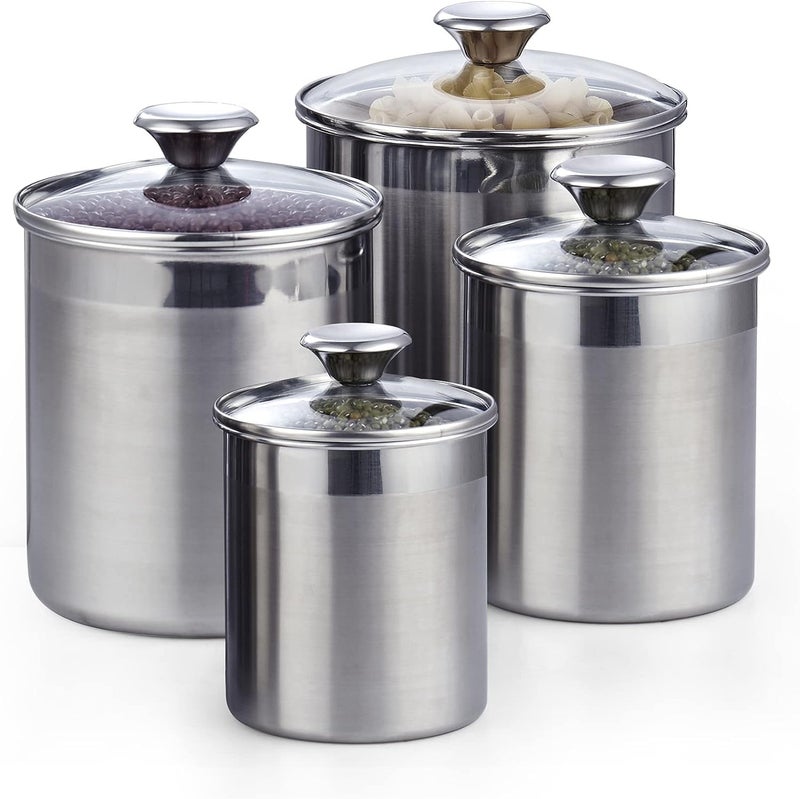 Cooks Standard طقم حاويات تخزين الطعام من الفولاذ المقاوم للصدأ من كوكز ستاندرد، متوسط 4 قطع، 0.95qt/1.6qt/2.5qt/3.5qt حاويات محكمة الإغلاق مع غطاء زجاجي للشاي والقهوة والسكر والدقيق - Image 1
