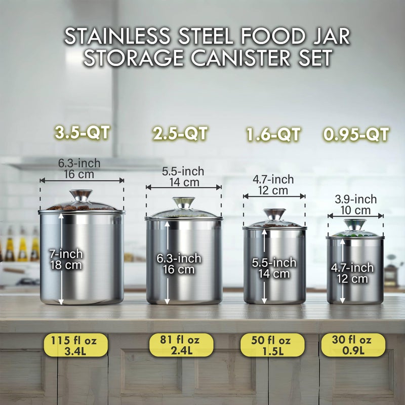 Cooks Standard طقم حاويات تخزين الطعام من الفولاذ المقاوم للصدأ من كوكز ستاندرد، متوسط 4 قطع، 0.95qt/1.6qt/2.5qt/3.5qt حاويات محكمة الإغلاق مع غطاء زجاجي للشاي والقهوة والسكر والدقيق - Image 4