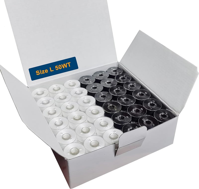 HimaPro 144 Prewound Bobbins for Embroidery Machines Size L (SA155) Good for Brother, Babylock, Janome, Bernina, Husqvarna, Pfaff Embroidery Machines Etc (Plastic Sided Black & White) - 50 Weight - Image 1