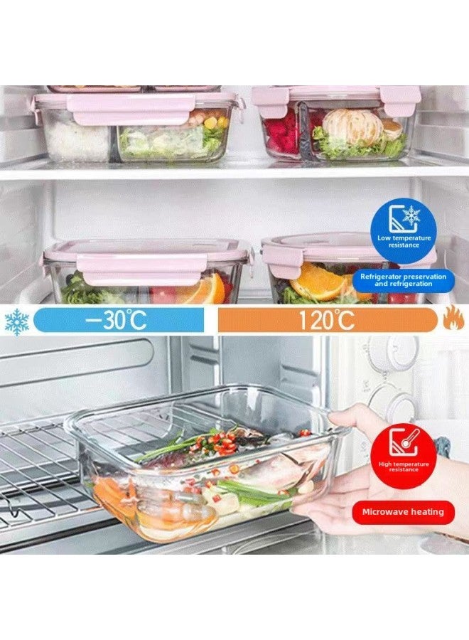 Lunch Box Microwave Oven Heatable Office Workers Transparent Glass Lunch Box With Lid Partition Large Capacity Partition Preservation Bowl-Specifications:Medium Length 680ml-Color:Rock Blue