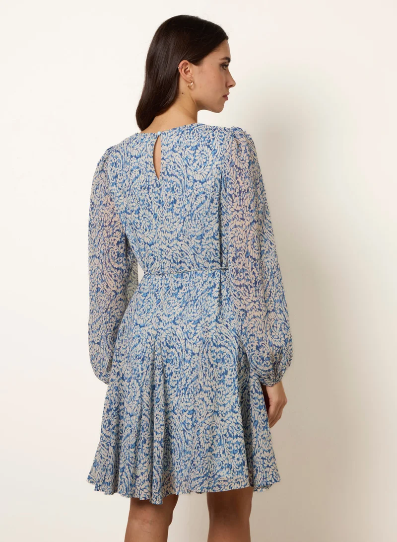 Blue Vanilla Puff Sleeve Godet Dress With Self Tie