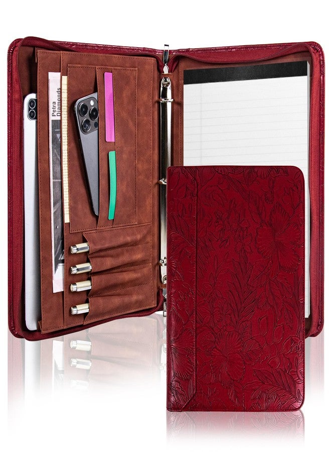 Wekinor Vintage Red Embossed Planner Binder,Padfolio for Women,Leather Binder 3 Ring,A4 PU Leather Portfolio,Legal Size Padfolio,Business Portfolio for Women - Image 1