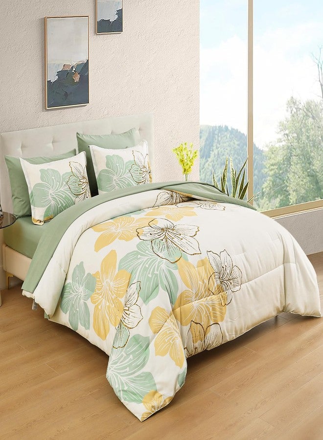 Luxudecor طقم لحاف فاخر مزين بالزهور، مقاس كوين، 7 قطع، طقم لحاف وملاءات ذهبي مزين بالزهور، طقم مفروشات كامل أبيض ناعم من الألياف الدقيقة لجميع الفصول - Image 2