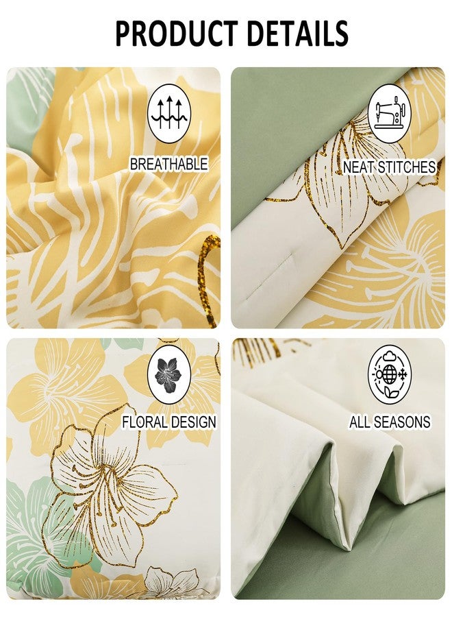 Luxudecor طقم لحاف فاخر مزين بالزهور، مقاس كوين، 7 قطع، طقم لحاف وملاءات ذهبي مزين بالزهور، طقم مفروشات كامل أبيض ناعم من الألياف الدقيقة لجميع الفصول - Image 5