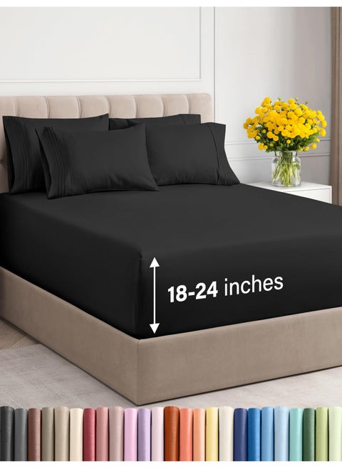 Extra Deep Full Sheet Set  6 Piece Breathable  Cooling Sheets  Hotel Luxury Bedding Set w1824 Inch Extra Deep Pockets  Easy  Secure Fit  Super Soft Wrinkle Free and Comfy  Black Full Size
