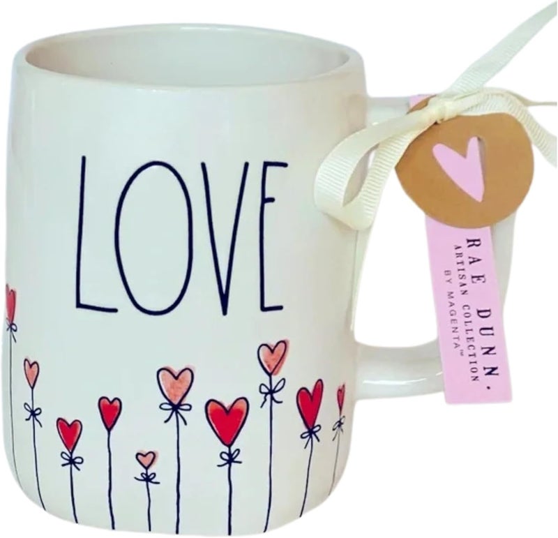 Rae Dunn LOVE Heart Shaped Flowers with Bows Valentines Day Ceramic White LL Coffee Mug bundled with Artistix Christmas Shoppe Gift Tag - Image 1