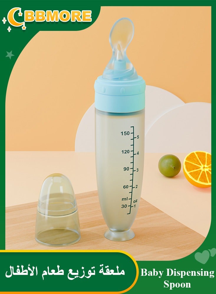 BBMORE 150ml Baby Dispensing Spoon, Silicone Baby Food Feeder with Suction Base–Leak-Proof Squeeze Spoon for Puree & Solids, One-Hand Feeding, Travel-Friendly for Infants & Toddlers, Blue - Image 1