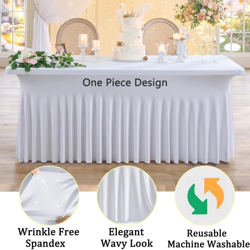 Htper 4 Pack White Spandex Tablecloths for 6 Foot Rectangle Tables, Wrinkle Free Stretchy Table Cloths 6ft Fitted Table Cover DeskSkirt for Weddings Birthday Party Banquet Baby Shower - Image 3