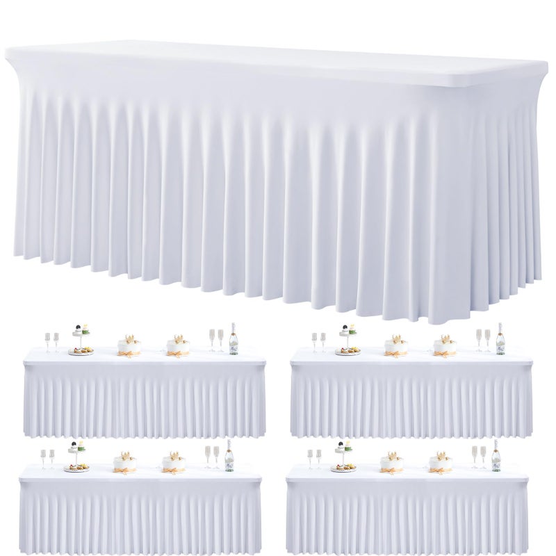 Htper 4 Pack White Spandex Tablecloths for 6 Foot Rectangle Tables, Wrinkle Free Stretchy Table Cloths 6ft Fitted Table Cover DeskSkirt for Weddings Birthday Party Banquet Baby Shower - Image 1
