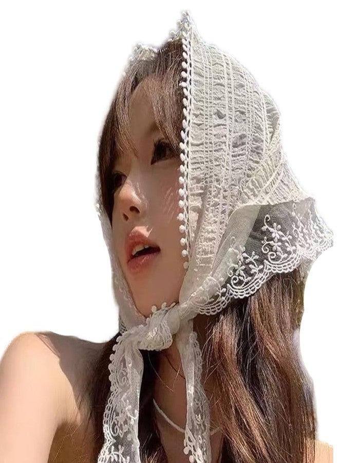 سيسادودو أوشحة شعر دانتيل من سيسادودو للنساء، أوشحة شعر أنيقة للفتيات، وشاح رأس عصري، عصابة رأس، وشاح رأس مثلث فرنسي، إكسسوارات شعر، زينة للنساء والفتيات، وشاح صغير أبيض كريمي - Image 2