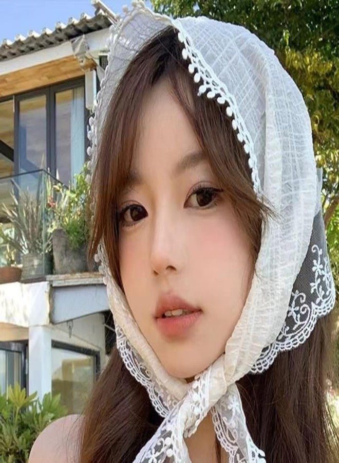 سيسادودو أوشحة شعر دانتيل من سيسادودو للنساء، أوشحة شعر أنيقة للفتيات، وشاح رأس عصري، عصابة رأس، وشاح رأس مثلث فرنسي، إكسسوارات شعر، زينة للنساء والفتيات، وشاح صغير أبيض كريمي - Image 5