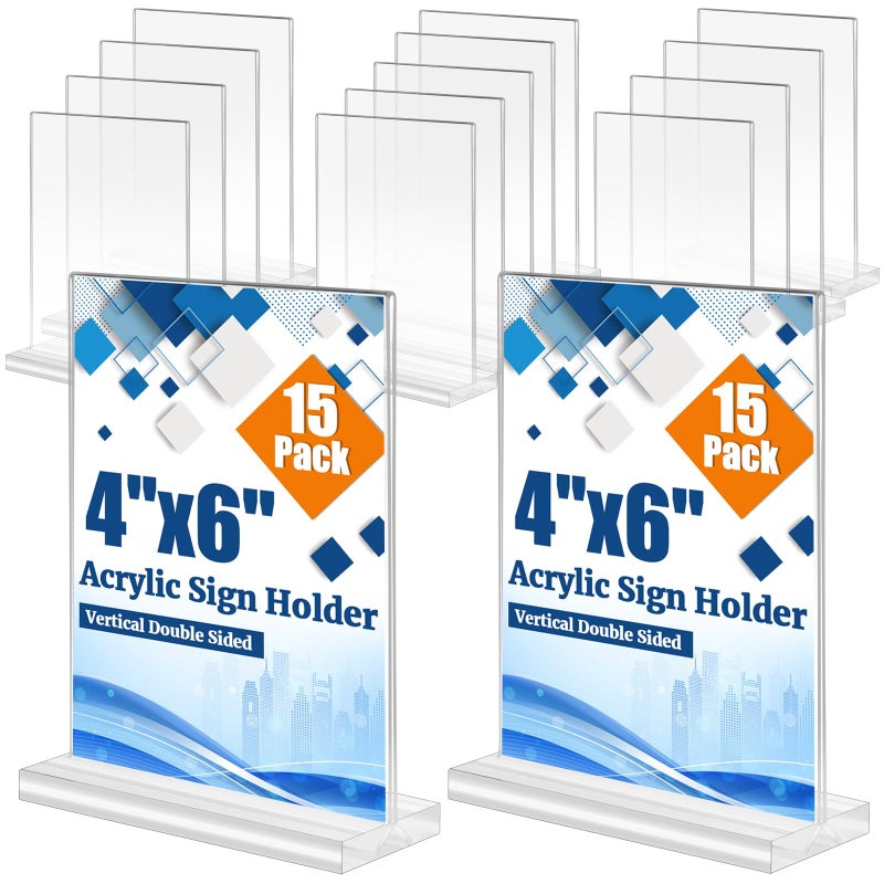 StyEdEk 15 Pack 4x6 Inch Acrylic Sign Holder, T Shape Clear Menu Holder, Double Sided Desktop Paper Holder, TableTop Sign Holder for Reception, Office, Party Decoration, Store, Numbers Picture Frames - Image 1