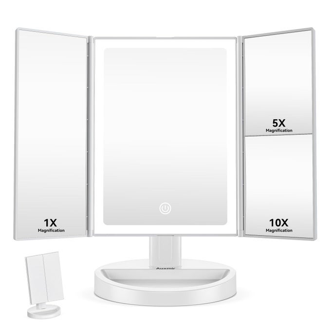 VANITY MAKEUP MIRROR WITH 34 LED LIGHTS 10X5X1X MAGNIFYING MIRROR WITH TOUCH SCREEN STEPLESS DIMMABLE BRIGHTNESS ADJUSTABLE TRIFOLD MIRRORS DUAL POWER 180 ROTATION COSMETIC MIRRORS