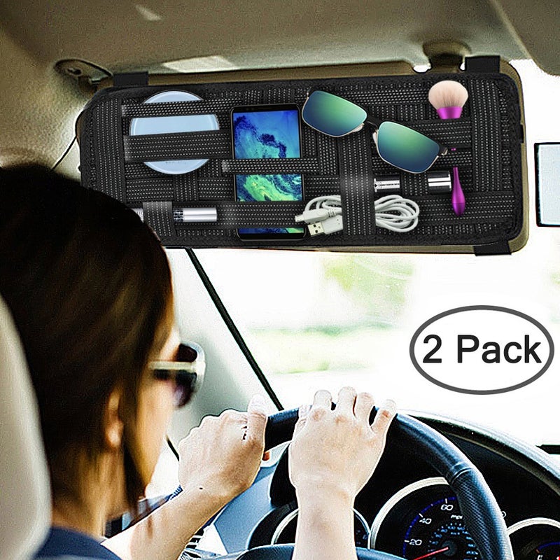 SourceTon 2 Packs Car Sun Visor Organizer, Car Visor Storage Anti-Slip Elastic Woven Board for Sunglass Holder Parking Fuel Card Digital Accessories - Image 2