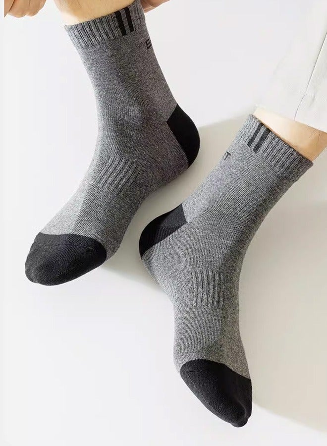 Five pairs of socks, men's mid-calf cotton socks, thickened for spring and autumn, sweat-absorbing pure cotton long socks - Image 1