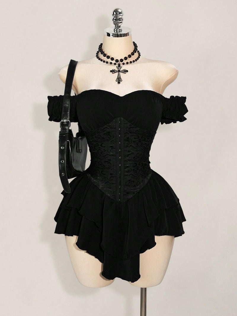 WDIRARA Women's Off Shoulder Layered Ruffle Corset Dress Gothic Short Sleeve Bustier Mini Dresses Black Medium - Image 3