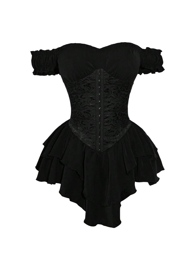WDIRARA Women's Off Shoulder Layered Ruffle Corset Dress Gothic Short Sleeve Bustier Mini Dresses Black Medium - Image 1