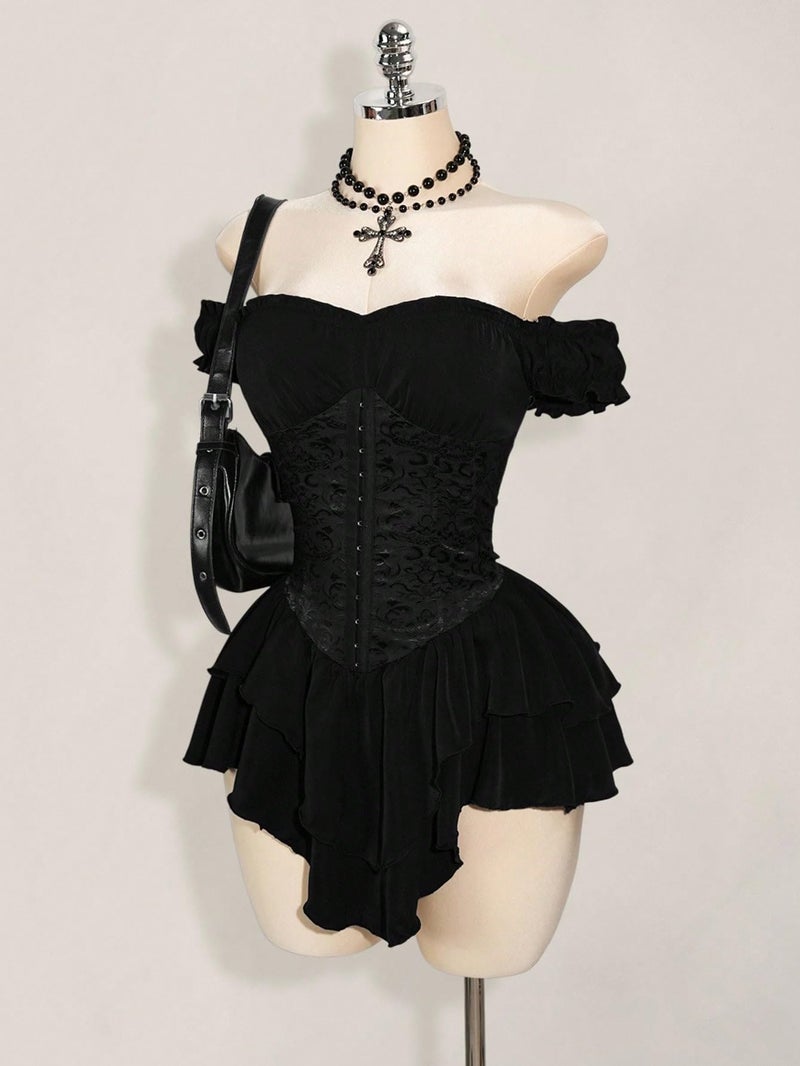 WDIRARA Women's Off Shoulder Layered Ruffle Corset Dress Gothic Short Sleeve Bustier Mini Dresses Black Medium - Image 2