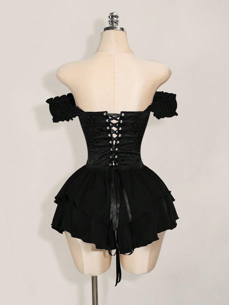WDIRARA Women's Off Shoulder Layered Ruffle Corset Dress Gothic Short Sleeve Bustier Mini Dresses Black Medium - Image 4