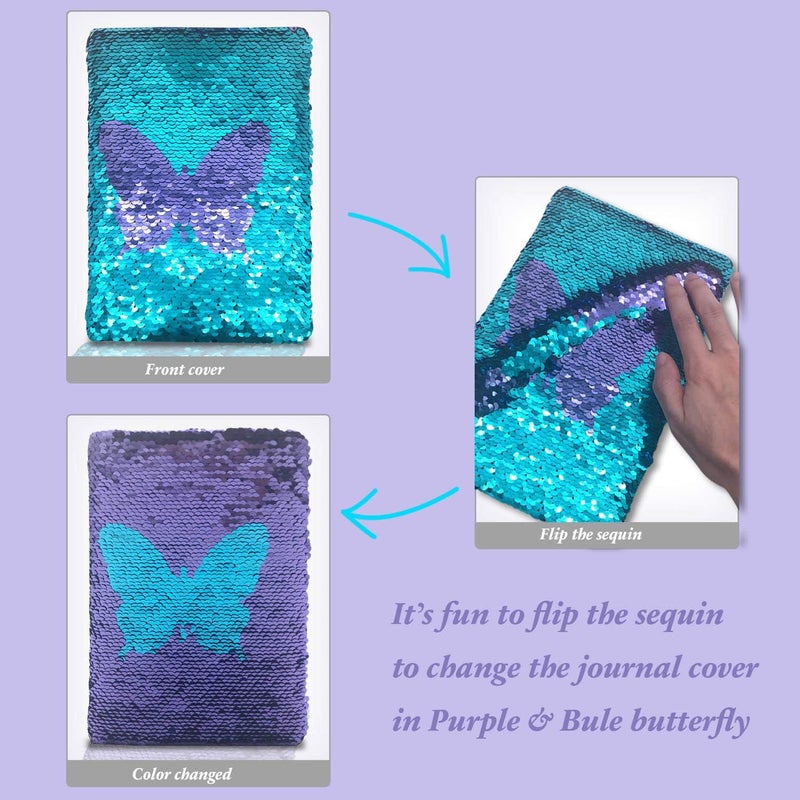 GINMLYDA Sequin Girls Journal for Kids, 8.5x5.5 Inches 160 Lined Pages Diary for Girls Butterfly Reversible Flip Sequence Notebook for Teenage Pre School Writing Drawing Travel Gifts (Purple- Blue) - Image 5