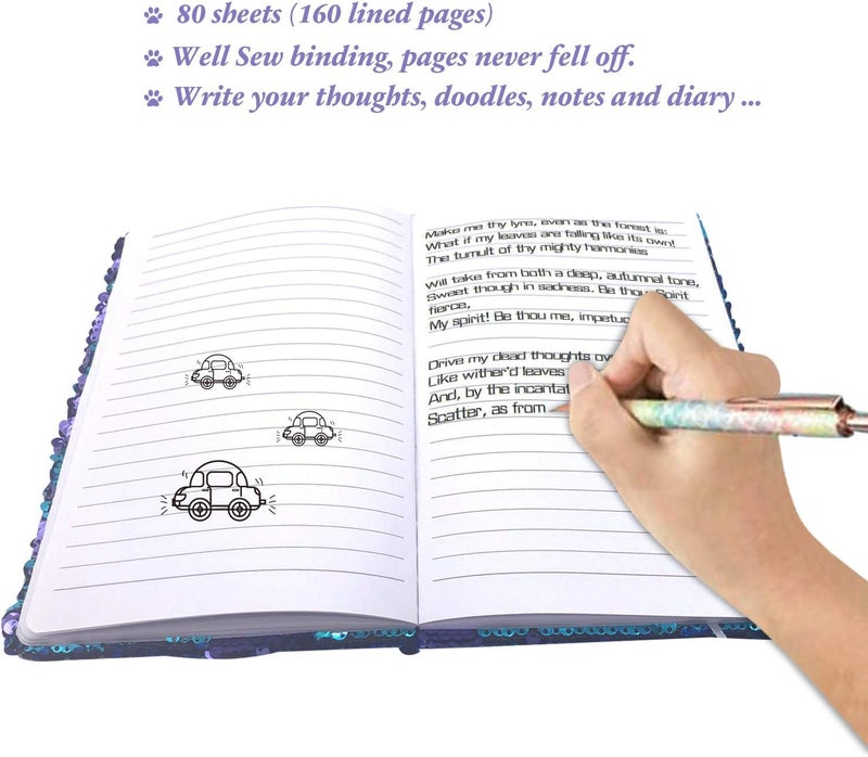 GINMLYDA Sequin Girls Journal for Kids, 8.5x5.5 Inches 160 Lined Pages Diary for Girls Butterfly Reversible Flip Sequence Notebook for Teenage Pre School Writing Drawing Travel Gifts (Purple- Blue) - Image 4