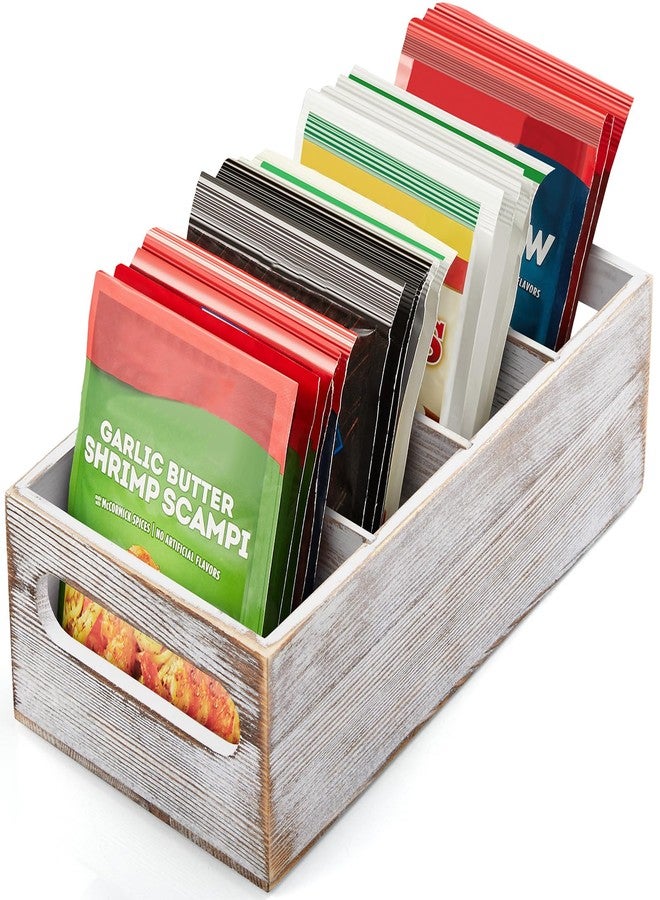 DRASTAR Pantry Organization and Storage Bins, Seasoning Packet Organizer with Removable Dividers,Wooden Storage Caddy for Kitchen, Pantry, Cabinet, Countertop， Whitewashed - Image 1
