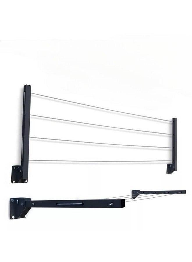 GLITZ® Clothes Drying Stand Space Saving Foldable 4 Wire Metal Wall Mount, Collapsible Rack Powder Coated Rust Proof Four Tier With Free Clothesline (Black) - Image 1