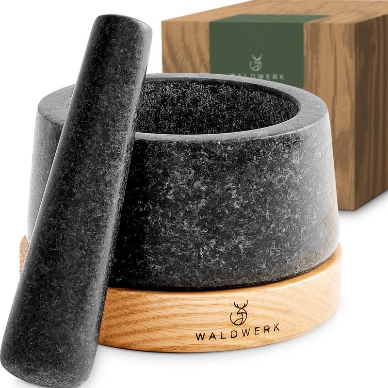 WALDWERK Mortar and Pestle  Mortar and Pestle Set with AntiScratch Oak Wood Base  Mortar with Extra Large Pestle Made of Natural Granite  Large Mortar and Pestle  Ideal for Guacamole