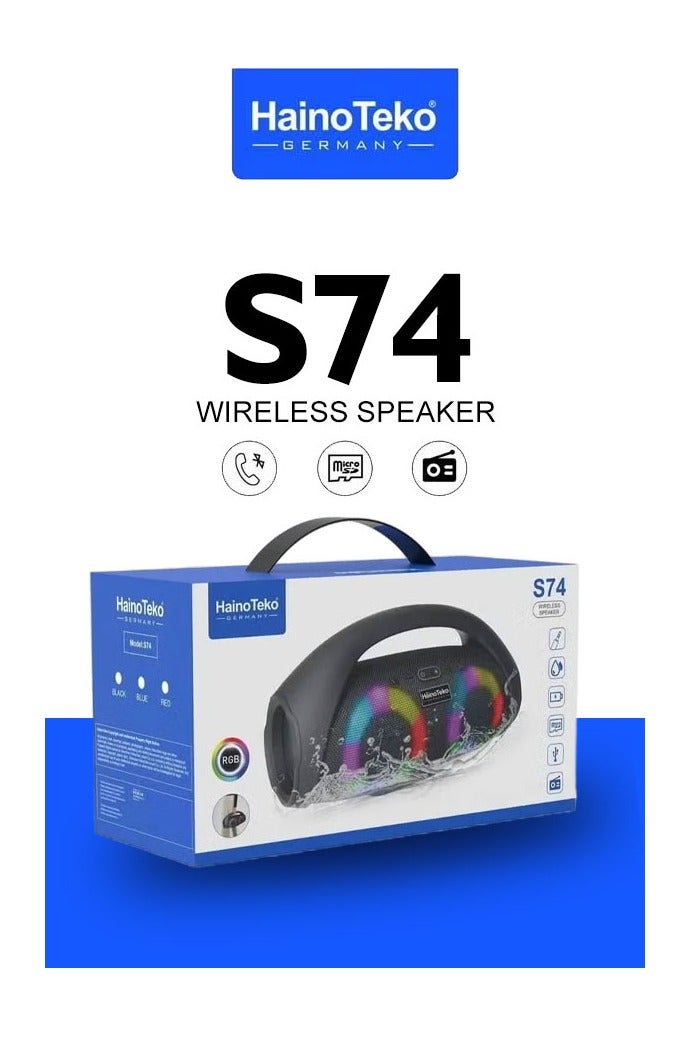 Haino Teko Germany S74 Wireless Portable Bluetooth 5.1 Speaker Black Compact Mini Bluetooth Speaker with 5W Bass Sound Rechargeable Battery USB AUX MicroSD Support FM Radio Carry Strap Ideal for Travel Outdoor Home Loud Portable Wireless Speaker - Image 2